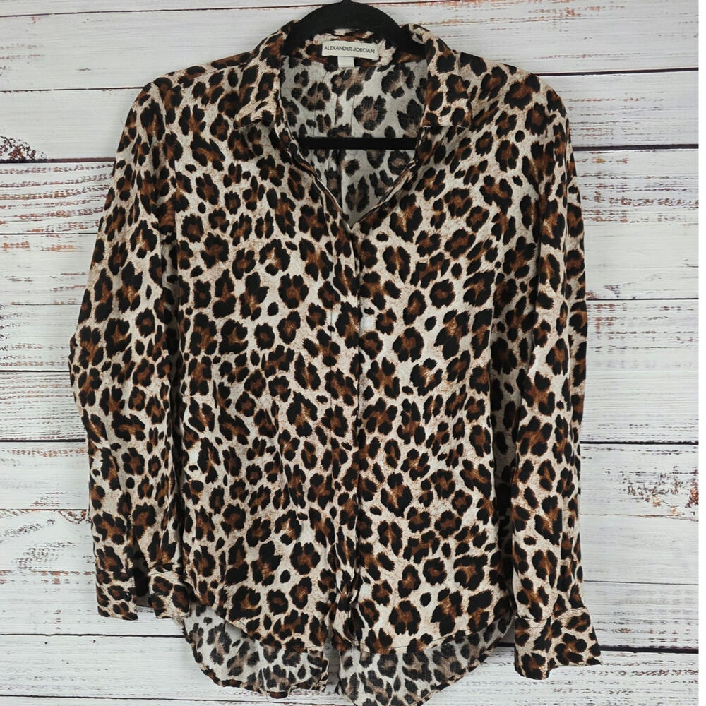 Alexander Jordan Button Front Top M Womens Brown Animal Print Long Sleeve